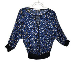 TRINA TURK Blue Black and Beige Spotted Print Silk Keyhole Neck Dolman Blouse
